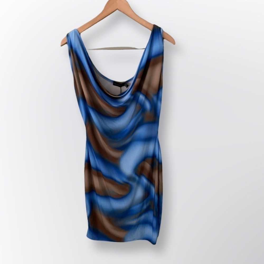 Pretty Little Thing Blue Printed Slinky Cowl Neck Bodycon Dress Size 4